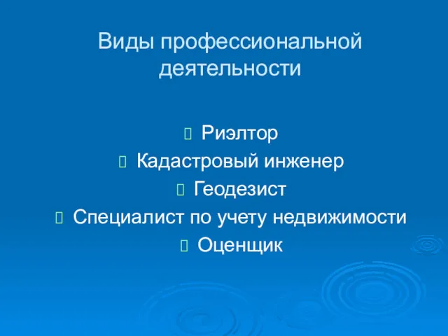 Виды профессиональной деятельности Риэлтор Кадастровый инженер Геодезист Специалист по учету недвижимости Оценщик