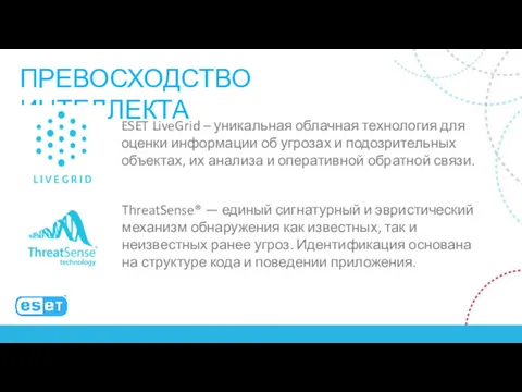 ПРЕВОСХОДСТВО ИНТЕЛЛЕКТА ESET LiveGrid – уникальная облачная технология для оценки