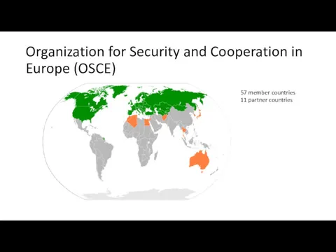 Organization for Security and Cooperation in Europe (OSCE) 57 member countries 11 partner countries