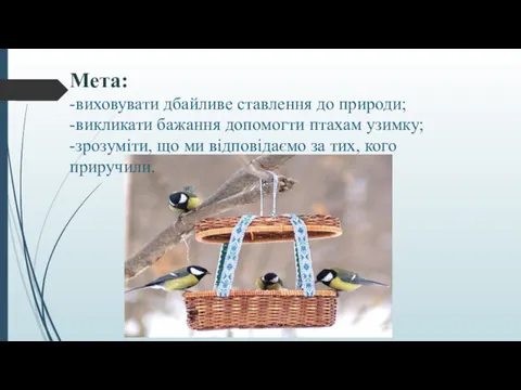 Мета: -виховувати дбайливе ставлення до природи; -викликати бажання допомогти птахам