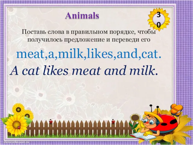 A cat likes meat and milk. Поставь слова в правильном