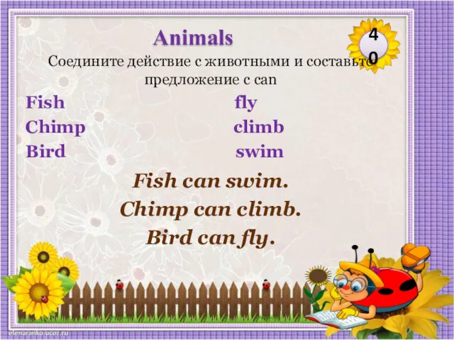 Fish can swim. Chimp can climb. Bird can fly. Соедините