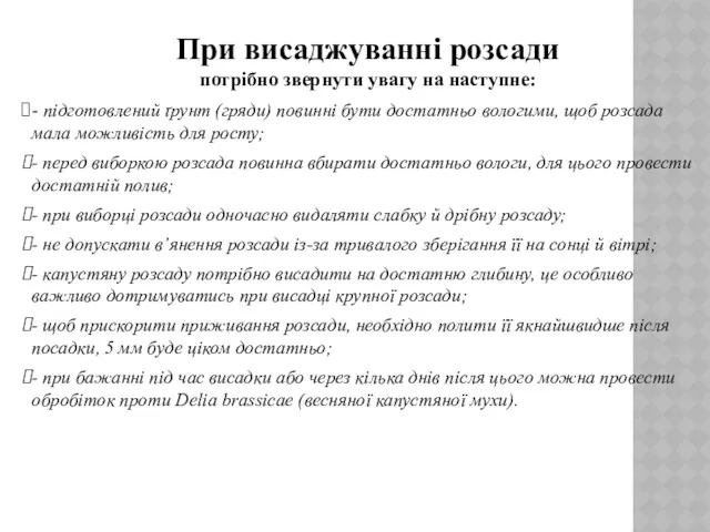 При висаджуванні розсади потрібно звернути увагу на наступне: - підготовлений