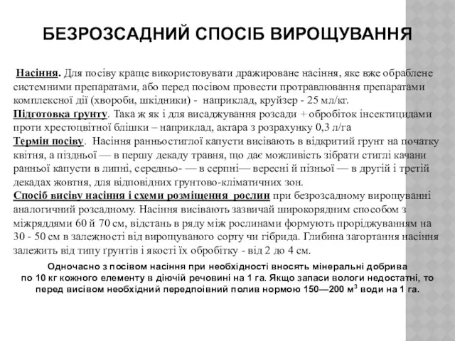 БЕЗРОЗСАДНИЙ СПОСІБ ВИРОЩУВАННЯ Насіння. Для посіву краще використовувати дражироване насіння,