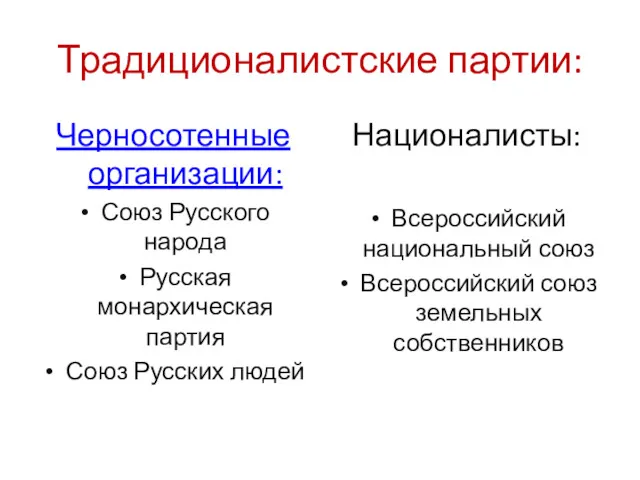 Традиционалистские партии: Черносотенные организации: Союз Русского народа Русская монархическая партия