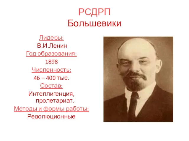 РСДРП Большевики Лидеры: В.И.Ленин Год образования: 1898 Численность: 46 –