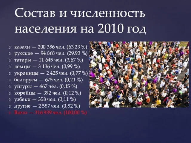 казахи — 200 386 чел. (63,23 %) русские — 94 868 чел. (29,93