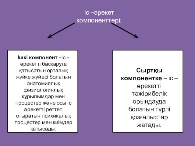 Іс –әрекет компоненттері: Ішкі компонент –іс –әрекетті басқаруға қатысатын орталық