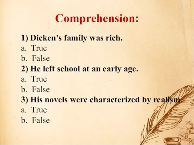 Comprehension: 1) Dicken's family was rich. a. True b. False
