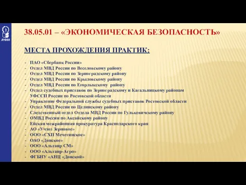 38.05.01 – «ЭКОНОМИЧЕСКАЯ БЕЗОПАСНОСТЬ» МЕСТА ПРОХОЖДЕНИЯ ПРАКТИК: ПАО «Сбербанк России»