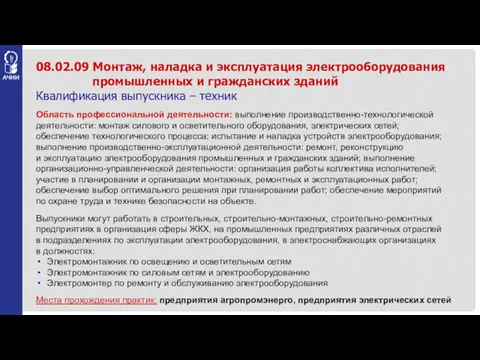 08.02.09 Монтаж, наладка и эксплуатация электрооборудования промышленных и гражданских зданий Квалификация выпускника –