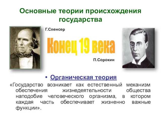 Основные теории происхождения государства Органическая теория «Государство возникает как естественный механизм обеспечения жизнедеятельности