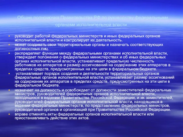 Общие полномочия Правительства РФ по руководству федеральными органами исполнительной власти