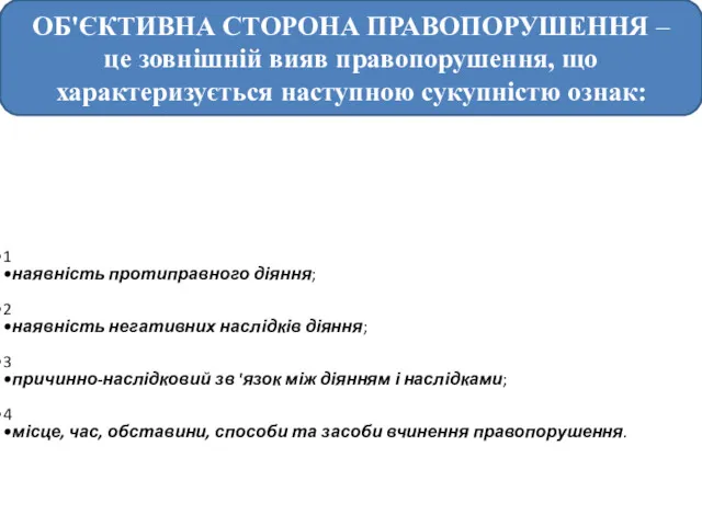 ОБ'ЄКТИВНА СТОРОНА ПРАВОПОРУШЕННЯ – це зовнішній вияв правопорушення, що характеризується