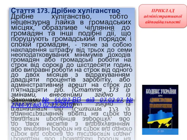 Стаття 173. Дрібне хуліганство Дрібне хуліганство, тобто нецензурна лайка в