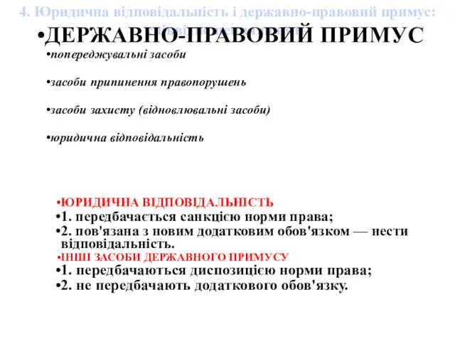 4. Юридична відповідальність і державно-правовий примус: співвідношення понять ДЕРЖАВНО-ПРАВОВИЙ ПРИМУС