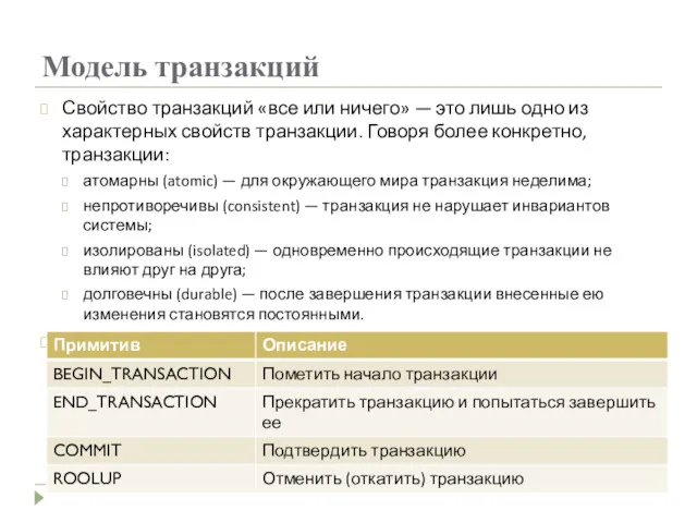 Модель транзакций Свойство транзакций «все или ничего» — это лишь