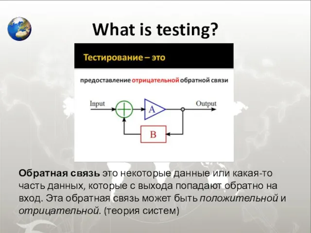 What is testing? Обратная связь это некоторые данные или какая-то часть данных, которые