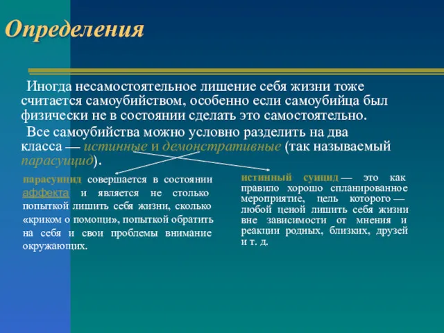 Определения Иногда несамостоятельное лишение себя жизни тоже считается самоубийством, особенно