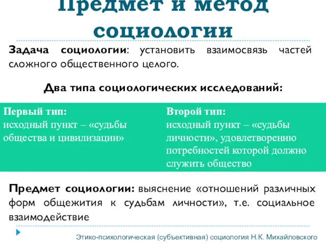 Задача социологии: установить взаимосвязь частей сложного общественного целого. Два типа