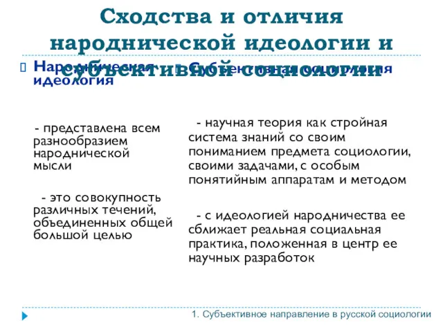 Народническая идеология - представлена всем разнообразием народнической мысли - это