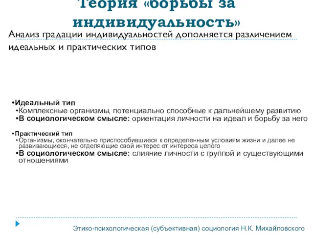 Теория «борьбы за индивидуальность» Идеальный тип Комплексные организмы, потенциально способные