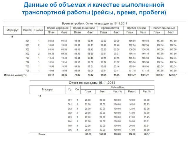 Данные об объемах и качестве выполненной транспортной работы (рейсы, время, пробеги)