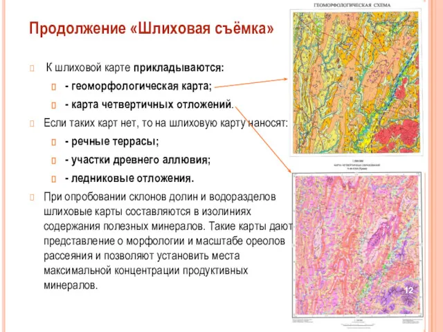 К шлиховой карте прикладываются: - геоморфологическая карта; - карта четвертичных