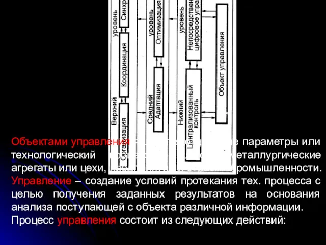 Объектами управления являются отдельные параметры или технологический процесс в целом;