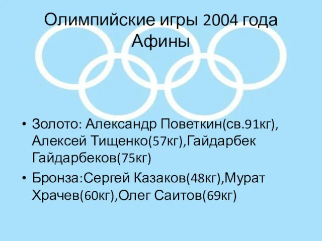 Олимпийские игры 2004 года Афины Золото: Александр Поветкин(св.91кг),Алексей Тищенко(57кг),Гайдарбек Гайдарбеков(75кг) Бронза:Сергей Казаков(48кг),Мурат Храчев(60кг),Олег Саитов(69кг)