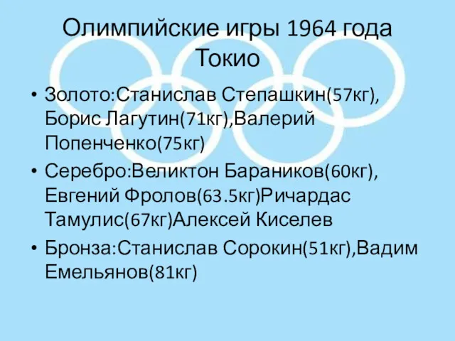 Олимпийские игры 1964 года Токио Золото:Станислав Степашкин(57кг),Борис Лагутин(71кг),Валерий Попенченко(75кг) Серебро:Великтон