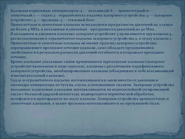 Клапаны поршневых компрессоров: а — кольцевой; б — прямоточный; в