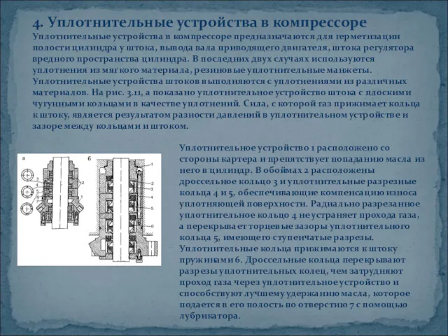 4. Уплотнительные устройства в компрессоре Уплотнительные устройства в компрессоре предназначаются