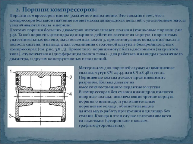 2. Поршни компрессоров: Поршни компрессоров имеют различное исполнение. Это связано