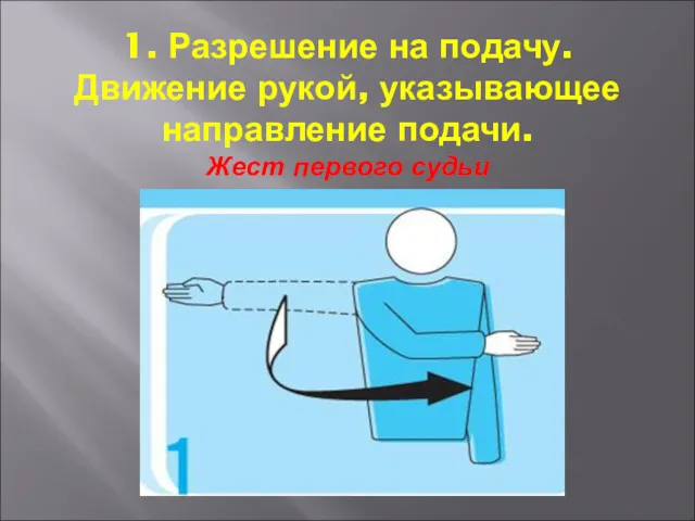 1. Разрешение на подачу. Движение рукой, указывающее направление подачи. Жест первого судьи