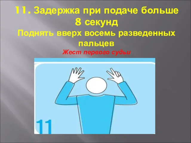 11. Задержка при подаче больше 8 секунд Поднять вверх восемь разведенных пальцев Жест первого судьи