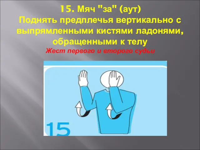 15. Мяч "за" (аут) Поднять предплечья вертикально с выпрямленными кистями