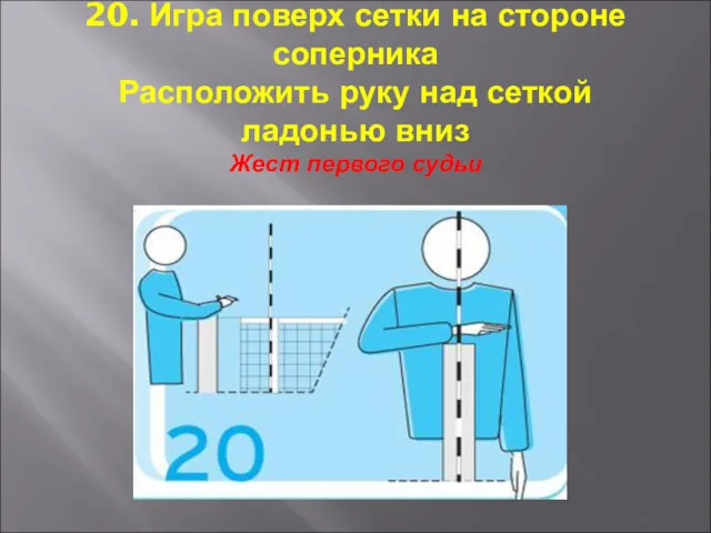 20. Игра поверх сетки на стороне соперника Расположить руку над сеткой ладонью вниз Жест первого судьи