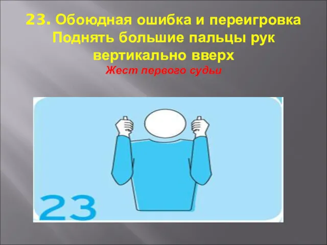 23. Обоюдная ошибка и переигровка Поднять большие пальцы рук вертикально вверх Жест первого судьи