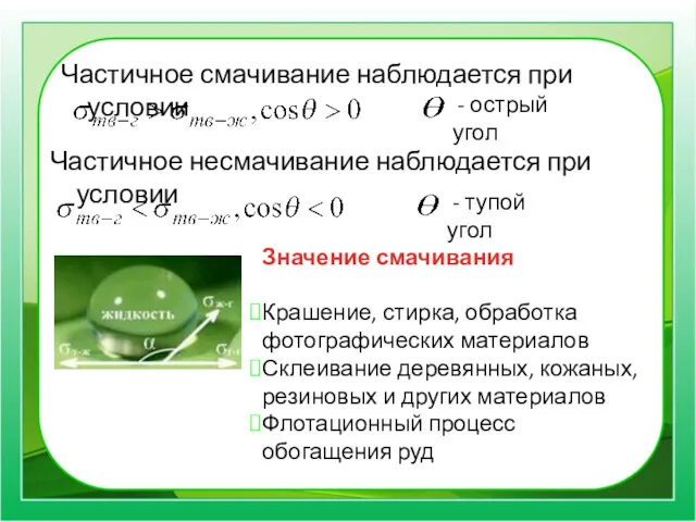 Частичное смачивание наблюдается при условии - острый угол Частичное несмачивание