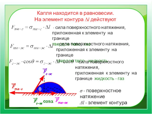 Капля находится в равновесии. На элемент контура ∆l действуют σ