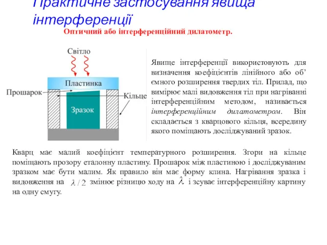 Практичне застосування явища інтерференції Оптичний або інтерференційний дилатометр. Явище інтерференції