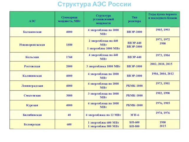 Структура АЭС России