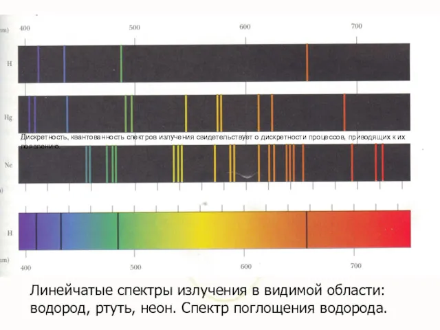 Линейчатые спектры излучения в видимой области: водород, ртуть, неон. Спектр