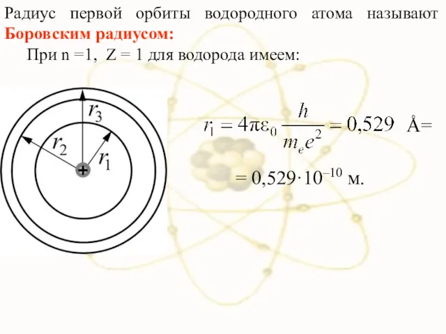 Радиус первой орбиты водородного атома называют Боровским радиусом: При n