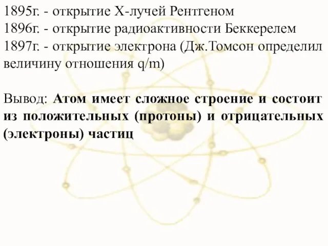 1895г. - открытие Х-лучей Рентгеном 1896г. - открытие радиоактивности Беккерелем