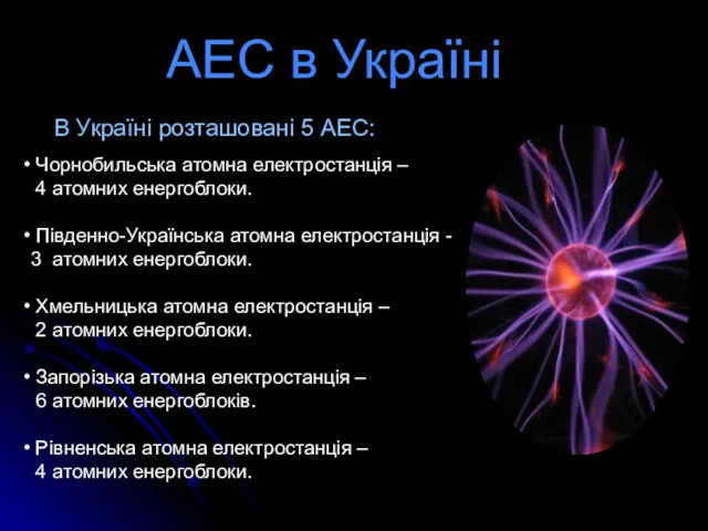 АЕС в Україні В Україні розташовані 5 АЕС: Чорнобильська атомна
