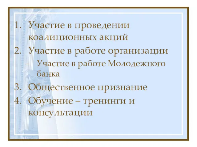 Участие в проведении коалиционных акций Участие в работе организации Участие