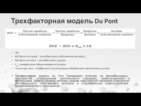 Трехфакторная модель Du Pont где: ROE (Return On Equity) –