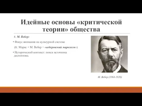 Идейные основы «критической теории» общества 4. М. Вебер: Фокус внимания